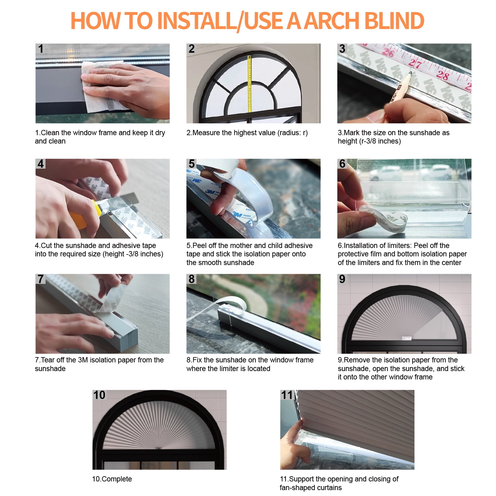 MYshade No Tools Arch Window Shades Tie-Up Blackout Cellular Arch Window Shades, White 36"W x 72"H