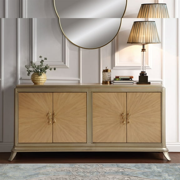 Acme Dodie Console Cabinet, Oak Sunburst Pattern & Taupe Champaign Finish