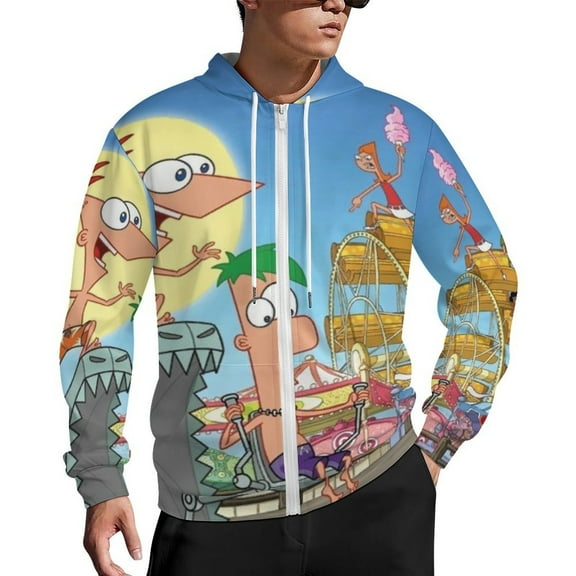 Phineas And Ferb Zip Up Hoodies Unisex Realistic 3D Print Sweatshirt Long Sleeve Hooded Jacket Coat S