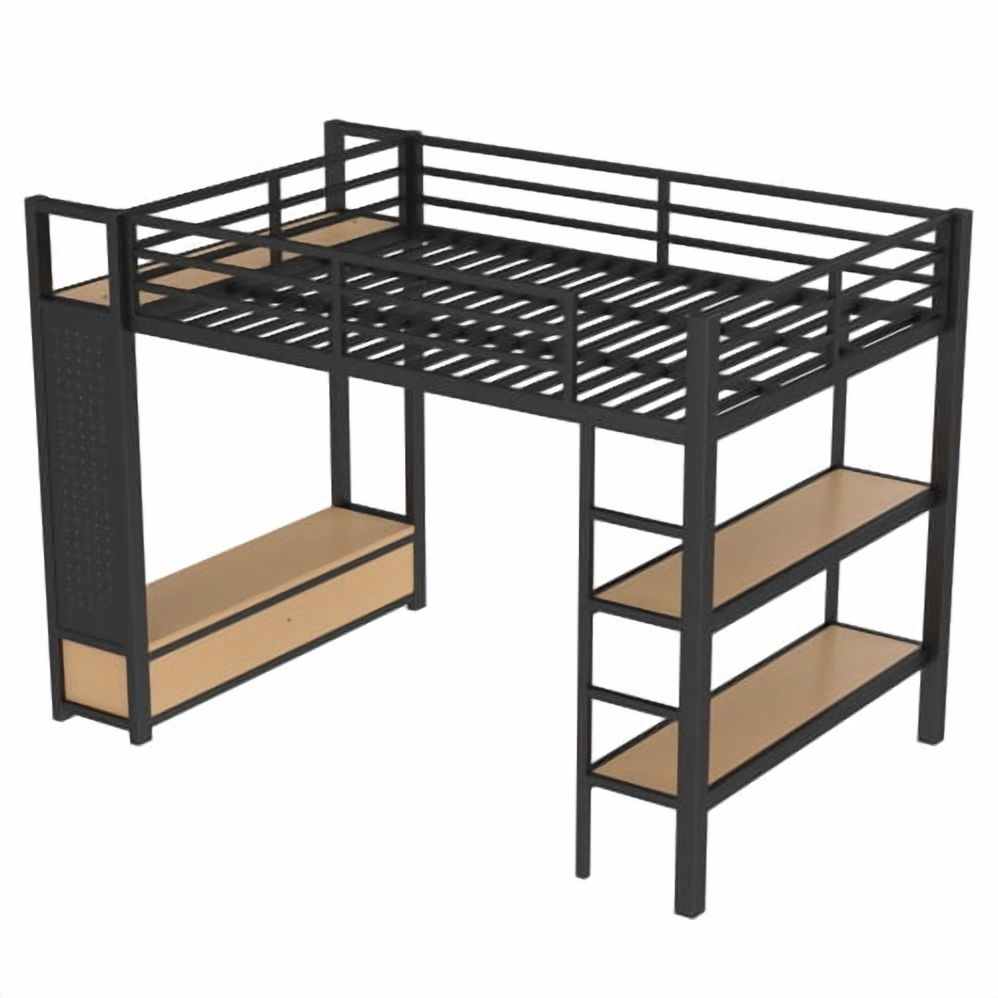 Euroco Full Size Loft Bed with Built-in Desk, Shelves and Wardrobe, Solid Bed with Bookcase and Pegboard for Kids Teens Bedroom, Black