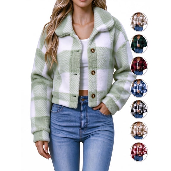 Ghalytn Women's Plaid Teddy Fleece Cropped Jacket, Collared Button-Front Coat with Ribbed Cuffs