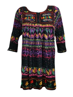 Mogul Women's Tunic Dress Colorful Neck Embroidered Printed Rayon Summer Fashion
