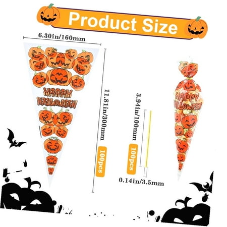 SKYSONIC 100Pcs Cone Bags Scary Pumpkin Pattern Candy Cookie Bag Triangle Plastic Pouch with 100Pcs Ties for Popcorn Goodie Birthday Party Favor