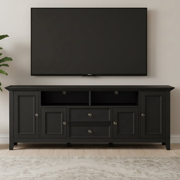 Simpli Home Amherst 72 inch Wide Solid Wood Transitional TV Stand in Black For TVs up to 80 inches