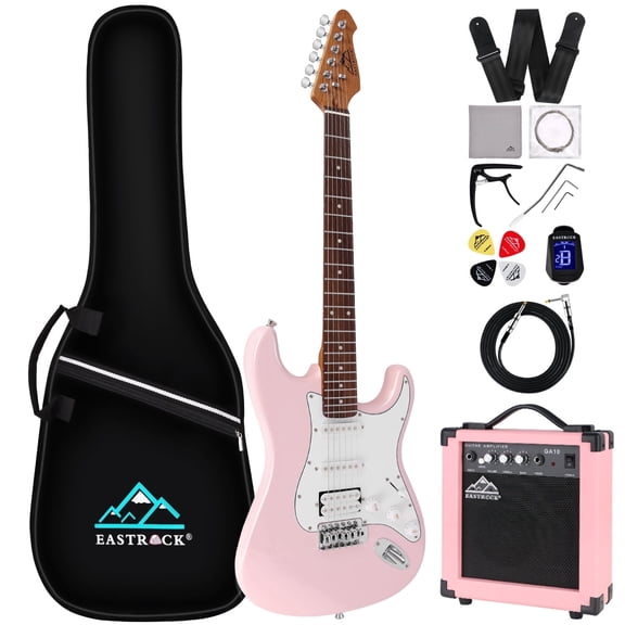 EASTROCK Pink Electric Guitar Set for Beginners – Includes Pink Guitar & Pink Amp, Tuner, Strap, Picks, Cable – Complete Matching Kit