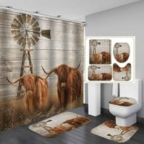 4PCS Highland Cow Shower Curtain Set, Get Naked Bubble Grey Cattle Bull Longhorn Wildlife Animal Country Rustic Farmhouse Bathroom Decor, Waterproof Fabric Shower Curtain, Non-slip Bath Mat