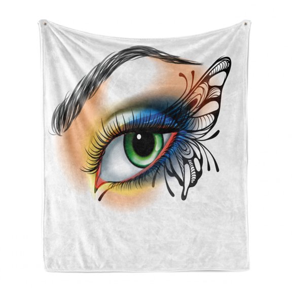 Eye Soft Flannel Fleece Throw Blanket, Fantasy Woman's Eye Make up Butterfly Wing Vibrant Colors Eyelashes Female Looking, Cozy Plush for Indoor and Outdoor Use, 60" x 80", Multicolor, by Ambesonne