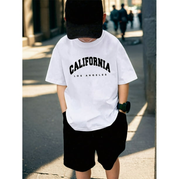 Boys' White Casual Short Sleeve Tee with Bold Black Letter Print, Round Neck, Breathable & Stretchy Fabric for All-Season Comfort, School Attire | Trendy Urban Tee