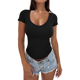 thumbnail image 1 of Camiseta Ajustada de Corta para Mujer, Cuello en V Básico, Ajustada, Negra, Talla M, 1 of 8
