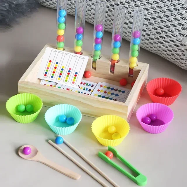 Juego de rompecabezas a juego, juguetes de madera Montessori, juego de clasificación de colores de cuentas, juguetes de habilidades motoras finas para contar cuentas para niños