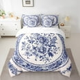 thumbnail image 2 of 7 Pcs Blue White Floral Bed in a Bag Full Comforter Set,Geometric Oriental Flower Sheet Set Teens Women,Chinese Style Bedding with Comforter,Vintage Blossom Quilt Cover, 2 of 5