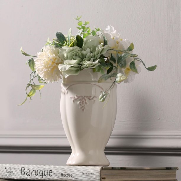 Jarrón blanco hjn para flores, jarrón de cerámica para decoración del hogar, jarrón rústico francés para cocina, mesa, sala de estar, estante, repisa de chimenea, oficina, altura de 11,6"