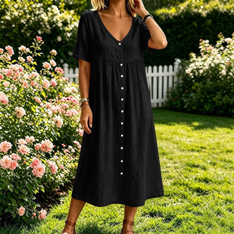 Aimik Womens Casual Button Down Midi Dress V Neck Short Sleeve Loose Flowy Cotton Linen Shift Dresses with Pockets