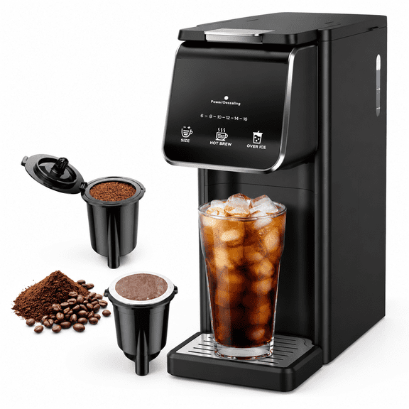 Single Serve Hot & Iced Coffee Maker, Compatible with K Cups and Ground Coffee, 6-16oz Brew Sizes
