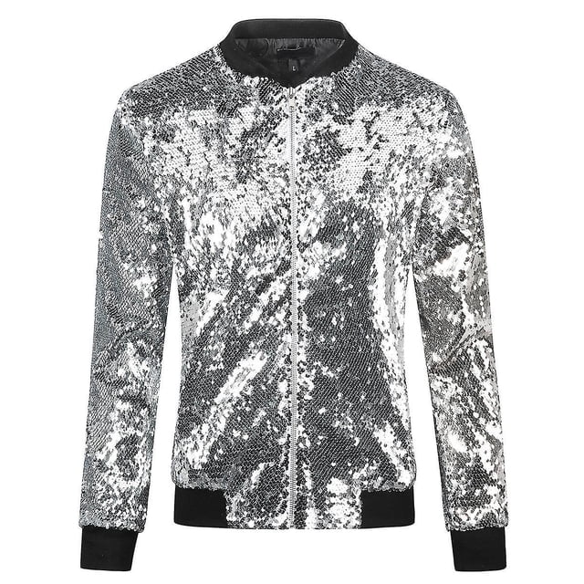 Women's Sequin Jacket Casual Long Sleeve Front Zip Party Bomber Blazer3XL