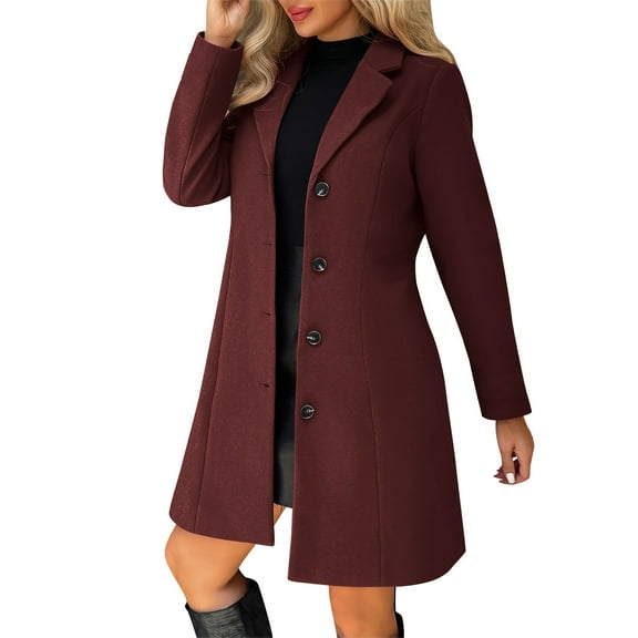 aohooy Women Winter Peacoat Wool Blend Thicken Stand Collar Single Breasted Trench Coat Plus Size A-Line Overcoat Wine,XXXXXL
