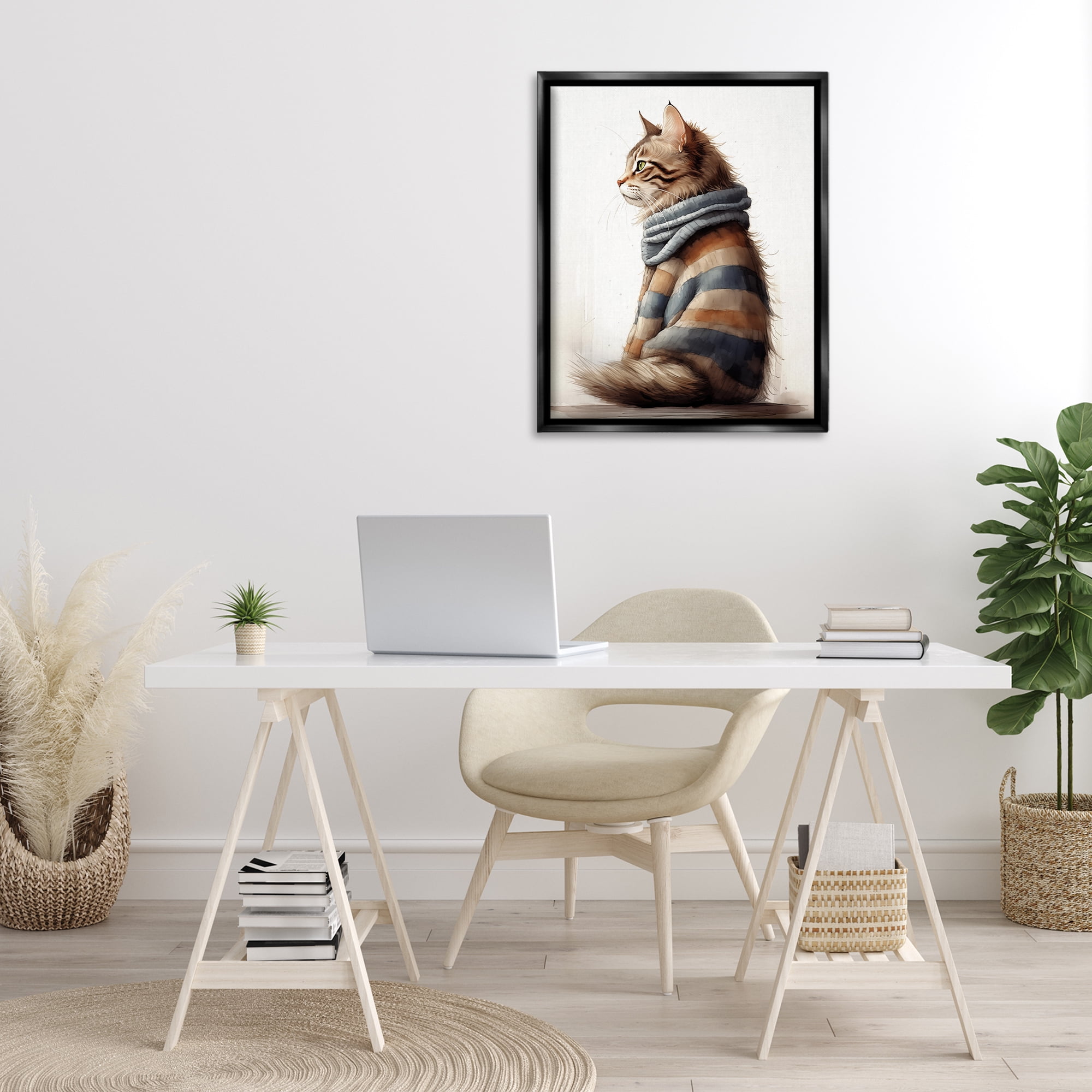 Stupell Industries Cat in Striped Sweater Animals & Insects Painting Black Floater Framed Canvas Art Print Wall Art, 25 x 31
