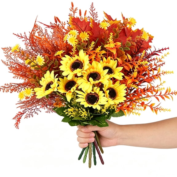7 Pack Artificial Autumn Flowers Faux Fall Bouquets UV Resistant with Sunflowers Maple Leaves for Outdoor Home Garden Table Vase Decor Thanksgiving Harvest Halloween