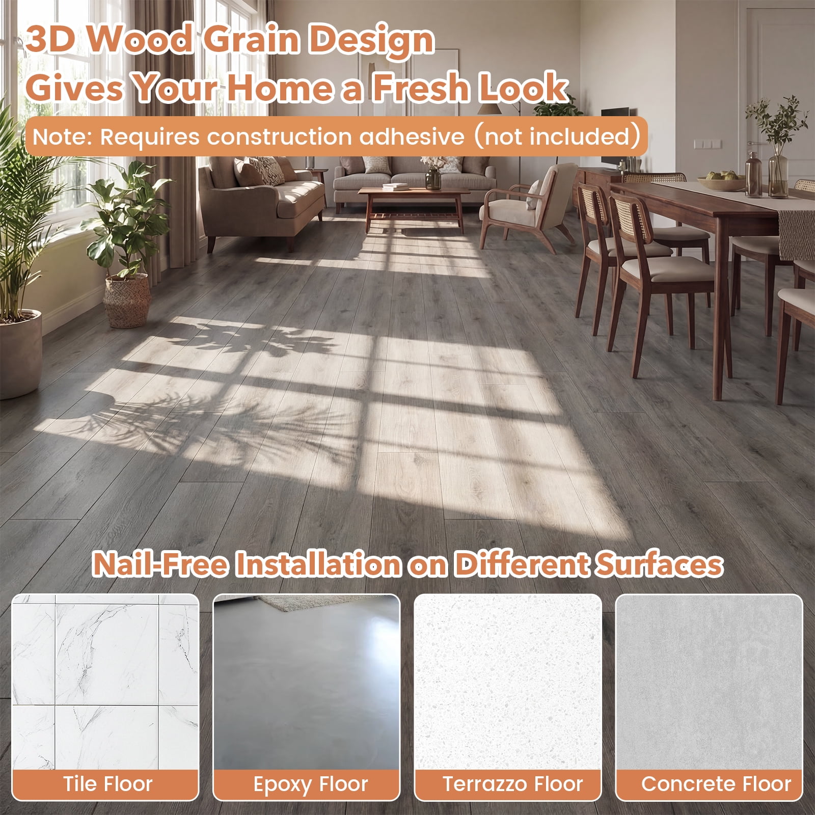 Costway 48-Pack 72 Sq.Ft Floor Tile Vinyl Flooring, Waterproof Vinyl Plank Flooring Gray