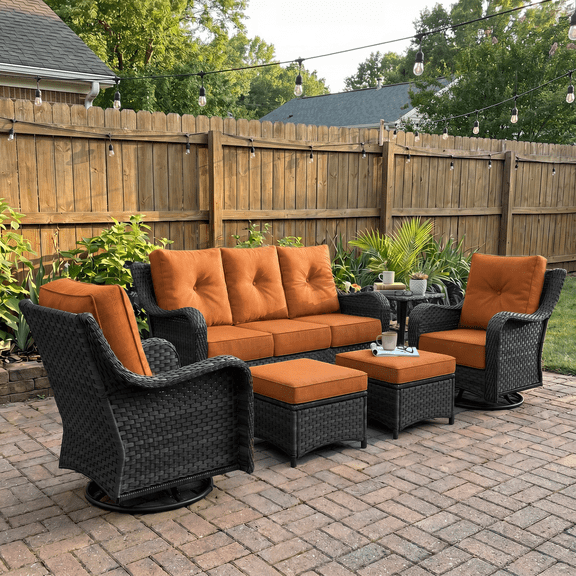 LayinSun 6 Pieces Patio Furniture Sets, Outdoor Wicker Conversation Set with Swivel Chairs and 6" Thick Cushion for Deck Garden Backyard
