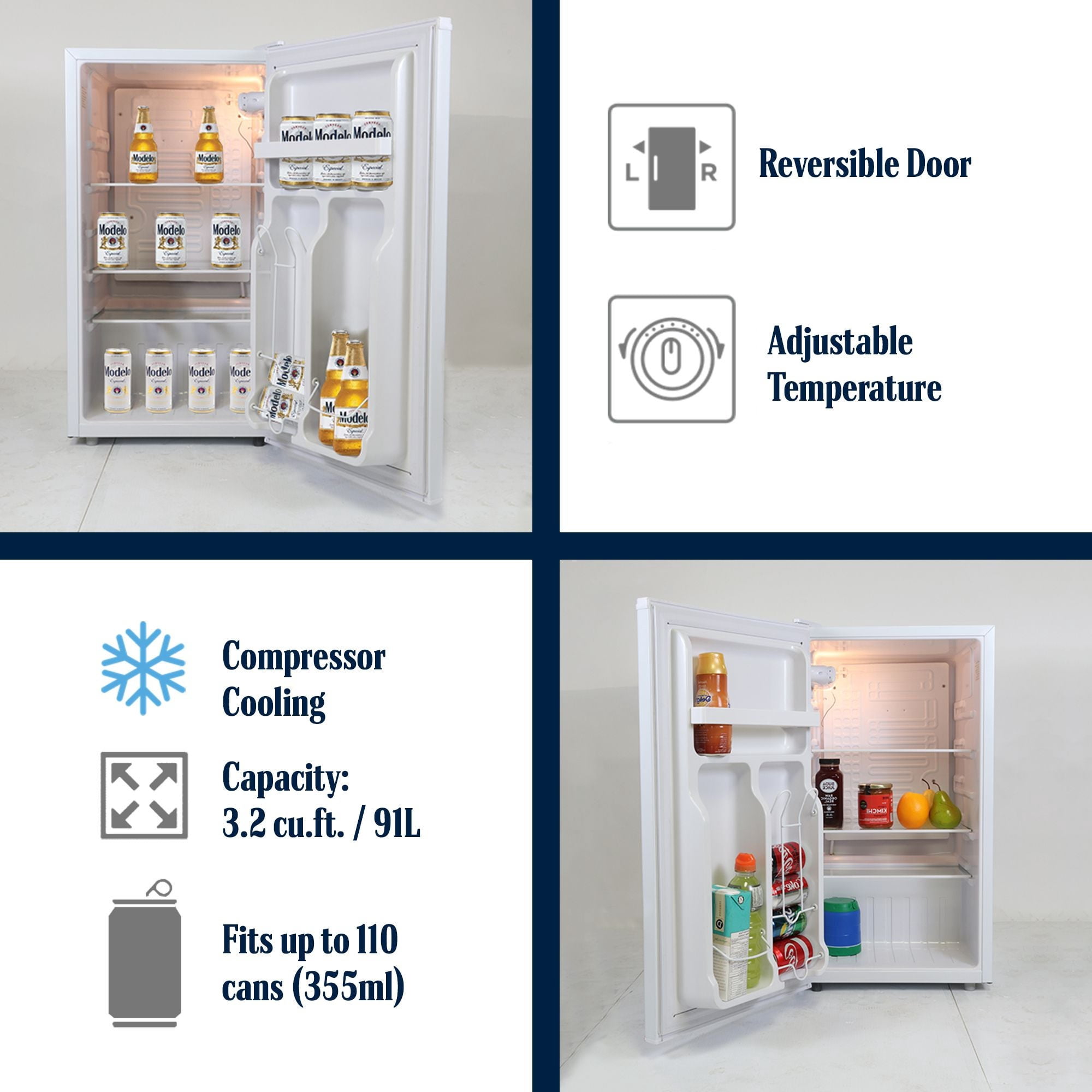 Modelo Compact Fridge w/ Bottle Opener, 3.2 cu ft (90L), White, Space-Saving Flat Back Design, Reversible Door, Tempered Glass Shelves, Licensed Modelo Artwork, Perfect for Beer-Lovers