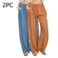 thumbnail image 2 of YUGYXL 2PC Drawstring Cotton Linen Pants for Women Summer Stretch Waist Long Pants Palazzo Pants with Pockets Beach Pants Navy XL, 2 of 6