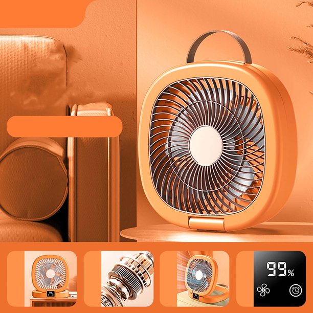 Ventilador de Escritorio Plegable Naranja con Pantalla Digital y Función de Temporizador, Alimentado por USB