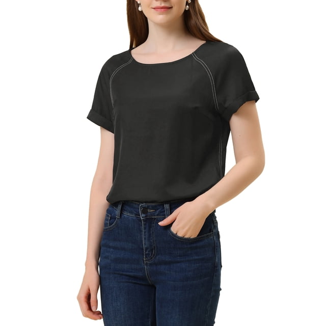 BLUSA DE CHAMBRAY PARA MUJERES CON MANGAS RAGLÁN CORTAS Y LATERALES ABIERTOS, CUELLO REDONDO, TAMAÑO L, NEGRO