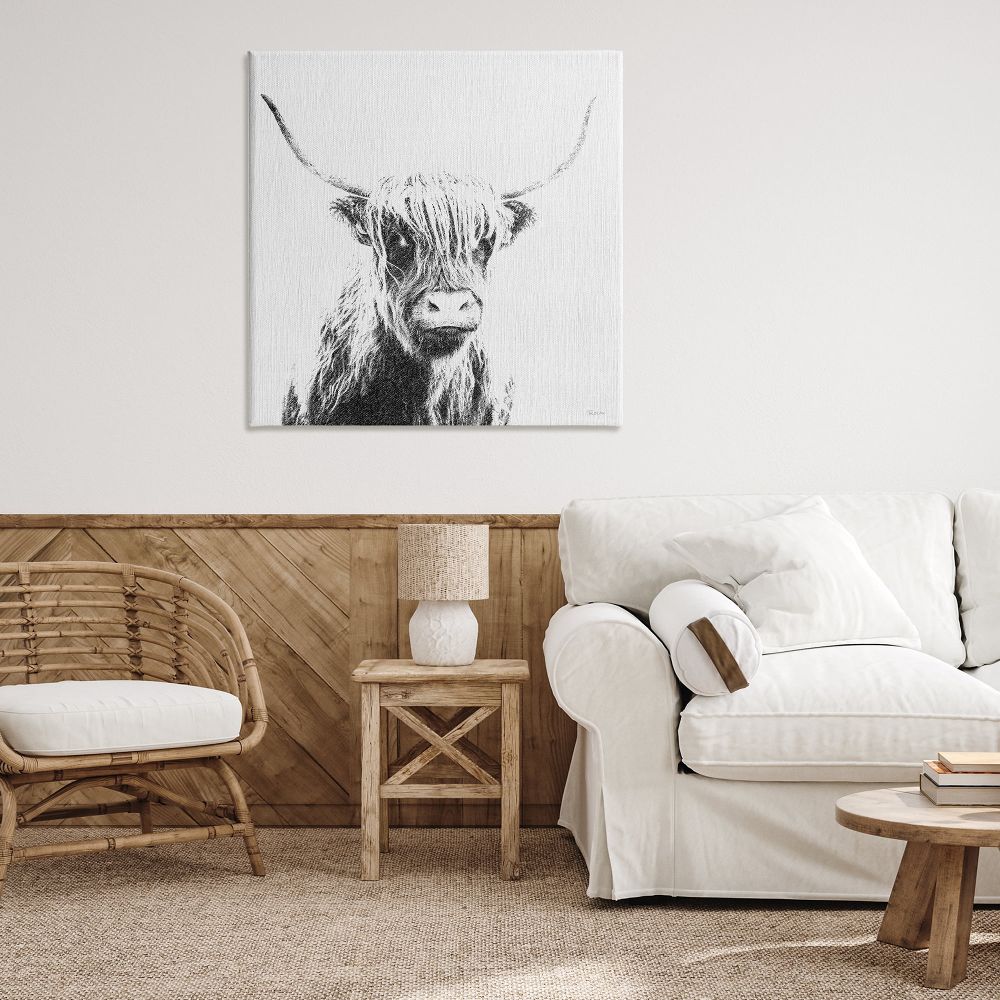 Stupell Industries Longhorn Sketch in Grey Animals Painting Wrapped Canvas Art Print Wall Art, 36 x 36