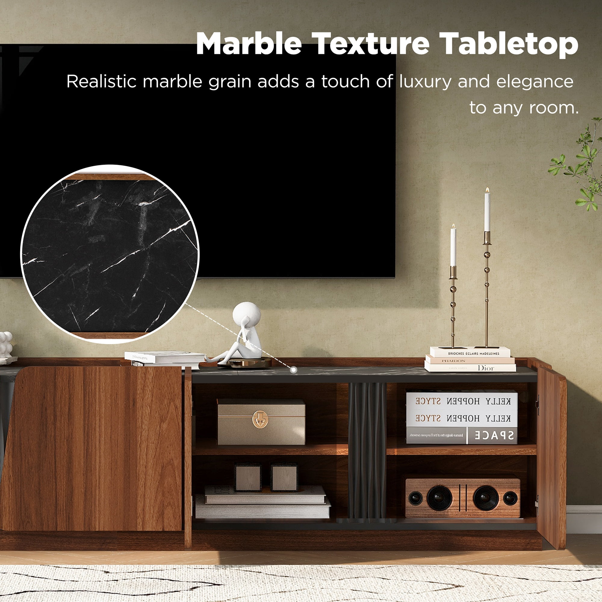 Modern Storage Cabinet with Irregular Doors and Marble Top, 75-Inch TV Stand with Adjustable Shelves for Living Room, Tiger