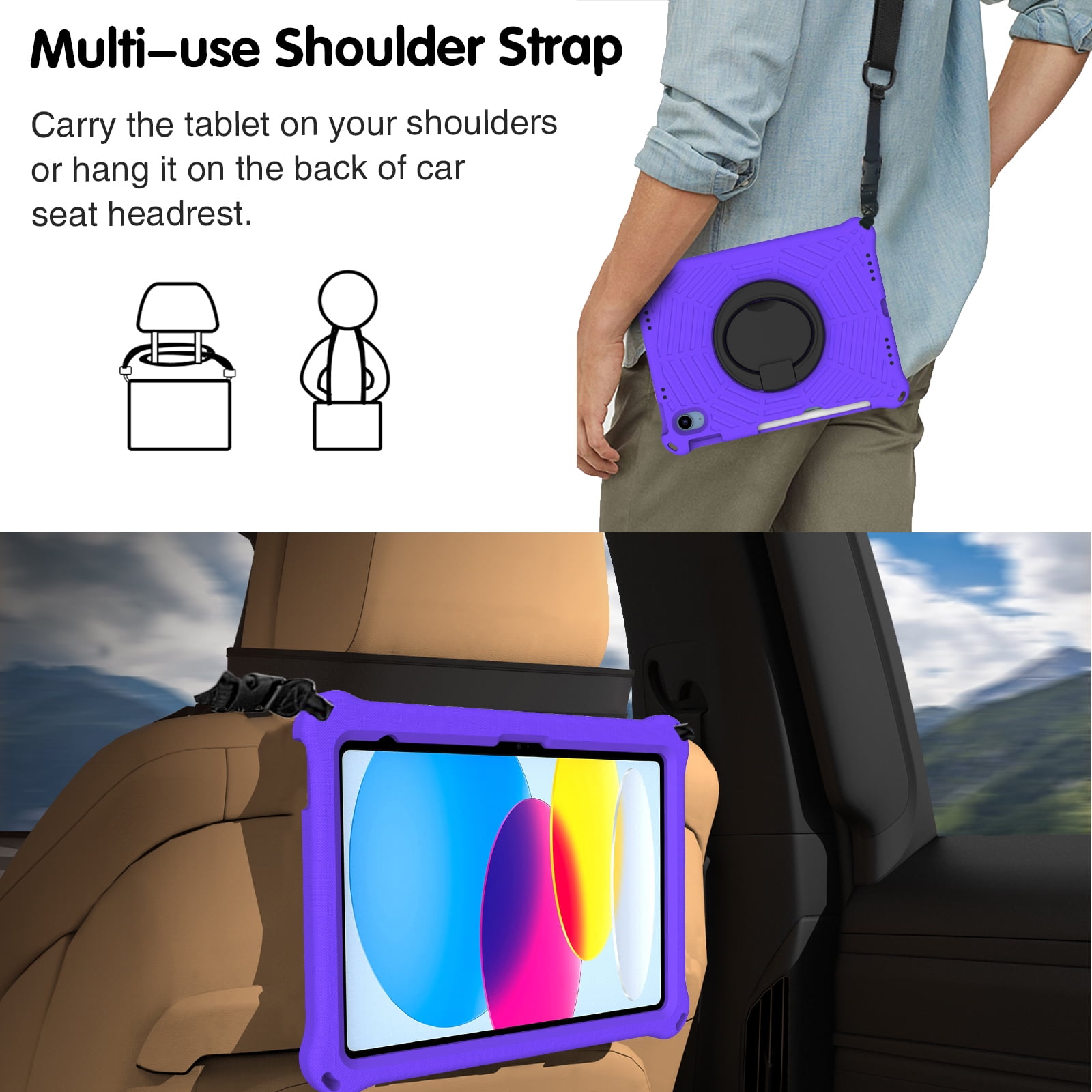 TECH CIRCLE iPad 10th Generation Case 2022 10.9 inch A2696 A2757 A2777, Heavy Duty Rugged Silicone Case with Swivel Ring Stand/Stable Kickstand/Shoulder Strap/Pencil Holder,Purple