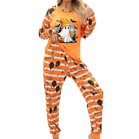 Halloween Pajamas for Women Long Sleeve Shirts and Pants Ghosts & Pumpkin Face Graphic Holiday Pjs 2 Piece Set Spooky Season Sleepwear