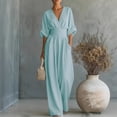 thumbnail image 2 of LEKODE Womens Jumpsuits Casual Cotton Linen Jumpsuits for Women Summer Ruched Rompers Wide Leg Jumpsuit Deep V Neck Jumpsuit Vacation Outfits for Women 2026 B Light Blue XXL, 2 of 9