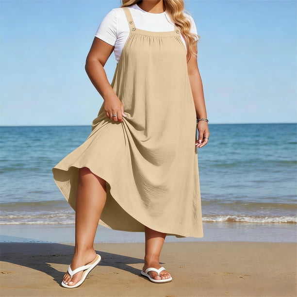 plus size casual maternity dresses qolati for Women Summer Button Strap Sleeveless Jumper Dress Ruched Front Square Neck A-Line Loose Fit Flowy Dress Big Kid size:24 EVERPRETTY Plus Size Women's Womens dresses 5% Spandex