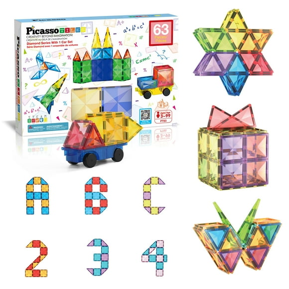 PicassoTiles 63 Piece Magnetic Building Block Set with Car Truck