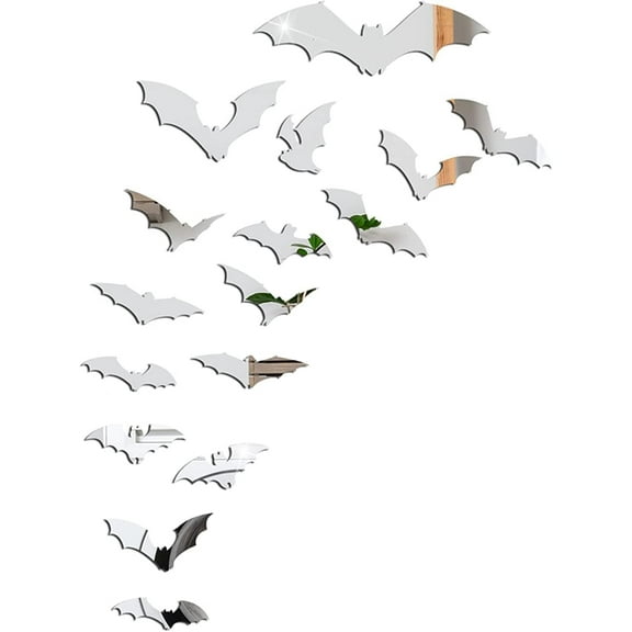 Halloween Bats Acrylic Mirror Sticker 3D Wall Decal Decoration Removable Waterproof for Halloween Chrismas Holiday Party Supplies Home Window Decor 3D DIY (Style 10 16pcs) Silver