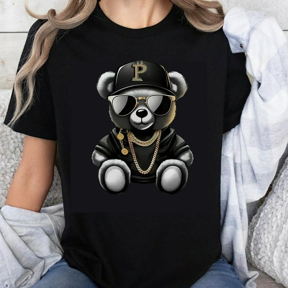 100% Cotton Cool Bear Wearing Hat Sunglasses and Chains Graphic T-Shirt for Men Women Unisex Streetwear Fashion Casual Top