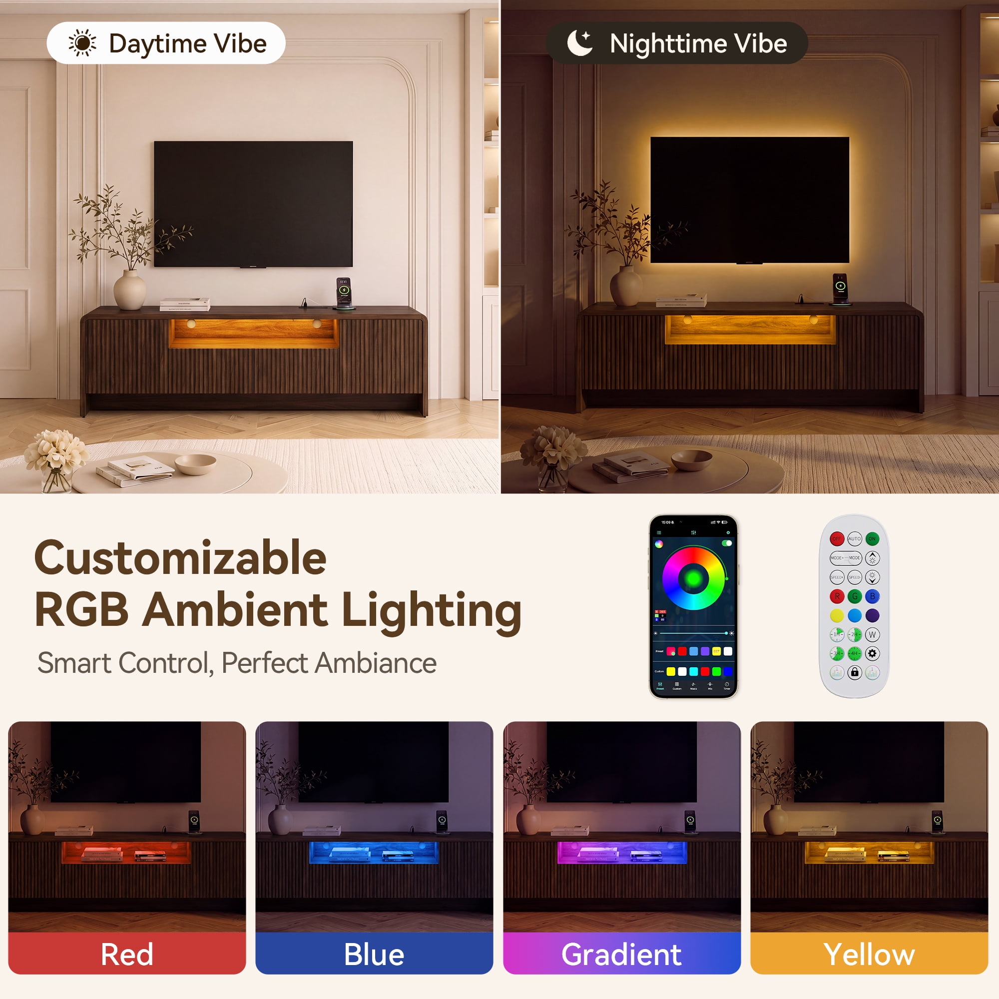 Lacoo 70 Inch Fluted TV Stand for 55-75 Inch TVs, Entertainment Center with Charging Station and RGB LED Lights, Media Console with 2 Drawers and Storage Cabinets for Living Room, Walnut