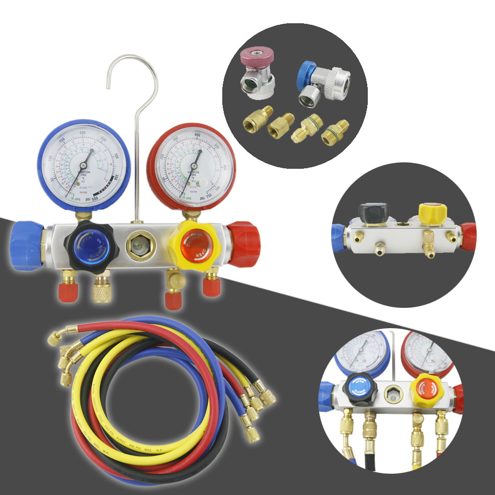 4 Way AC Manifold Gauge Set R134a r134 R410A R404A R22 w/Hoses Coupler Adapters