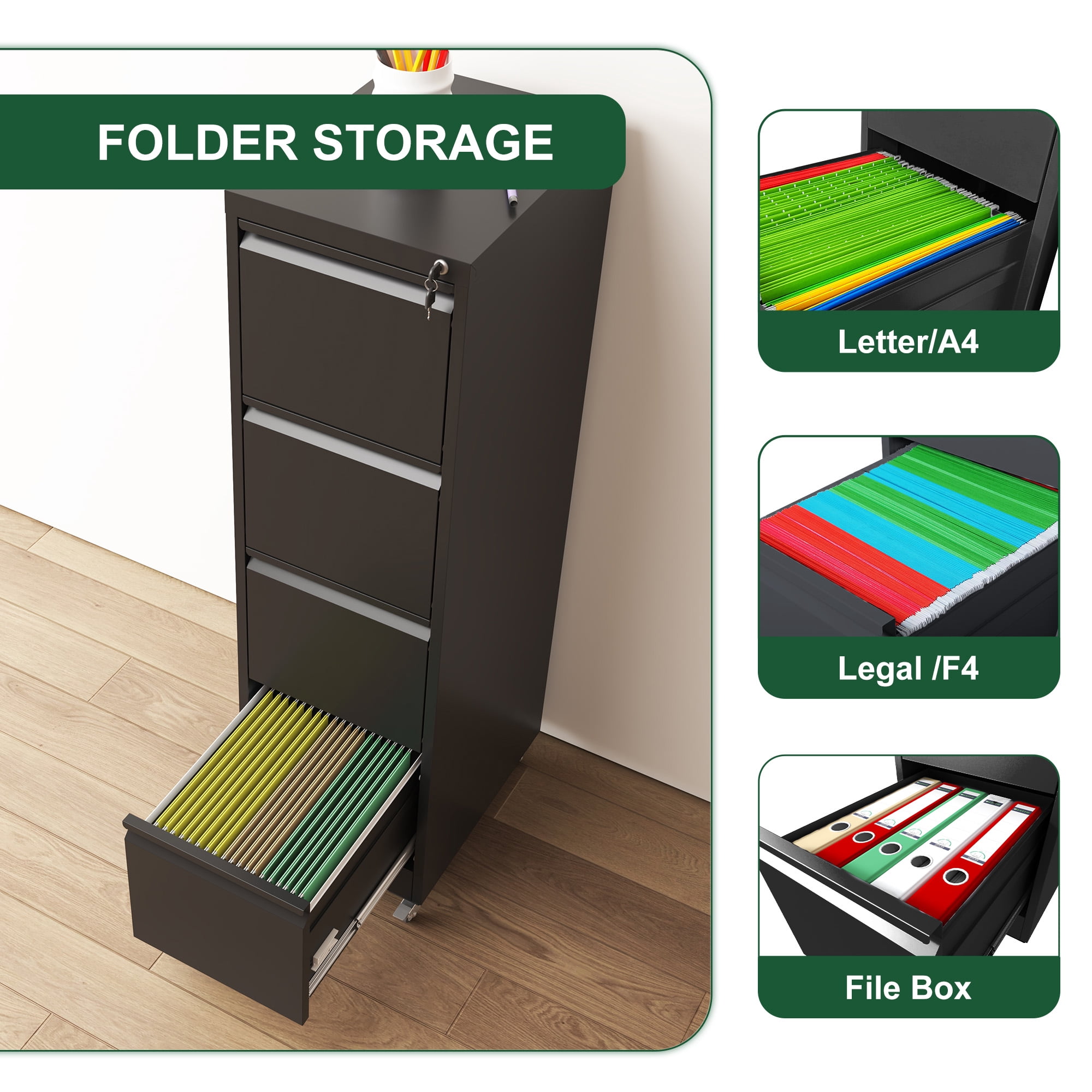 4 Drawer Metal Locking Vertical File Cabinet on Wheels, Heavy-Duty Lockable Cabinet for Home & Office, Black, 17.71"D*15.16"W*52.28"H, Black