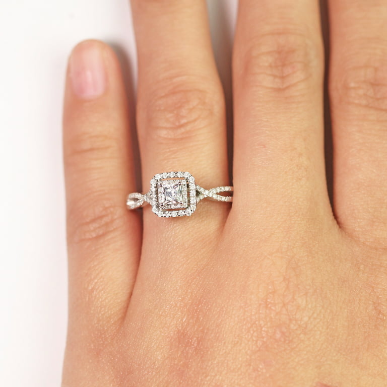 Elegant 1 Carat - Square Cut Diamond - Twisted Band - Pave - Double Halo Engagement  Ring - 10K White Gold 