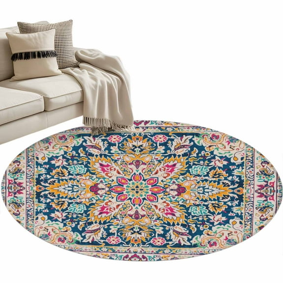 Colorful Boho Round Area Rug 4 FT, Non Slip Indoor Outdoor Rug, Ethnic Vintage Mexican Flowers Southwestern Washable Soft Circular Carpet Floor Mat for Coffee Table Nursery Foyer Balcony