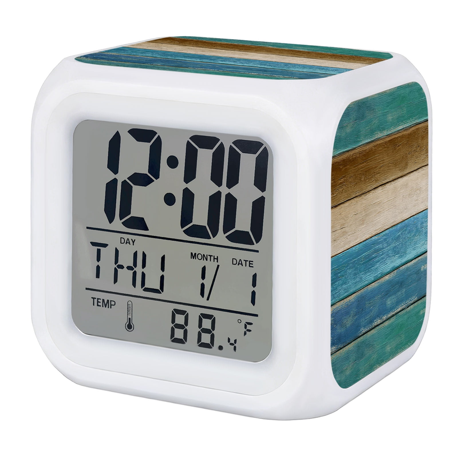 Teal Blue Alarm Clock, Brown Wooden Board Gradient Farmhouse Country Digital Clock Night Light with 7 Color, Calendar Temperature Display, LED Desk Small Clock for Bedrooms Bedside Living Room