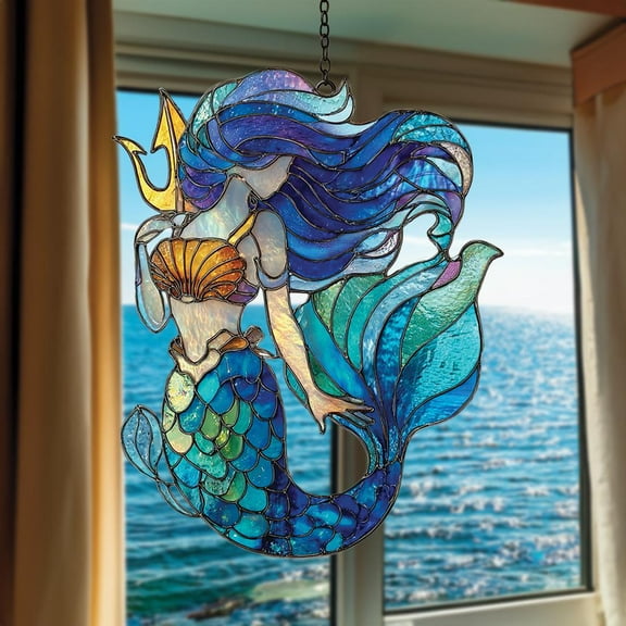 Goddess Mermaid Acrylic Window Hanging, Mermaid Faux Stained Glass Suncatcher, Beach House Nautical Gift Idea for Ocean Lover