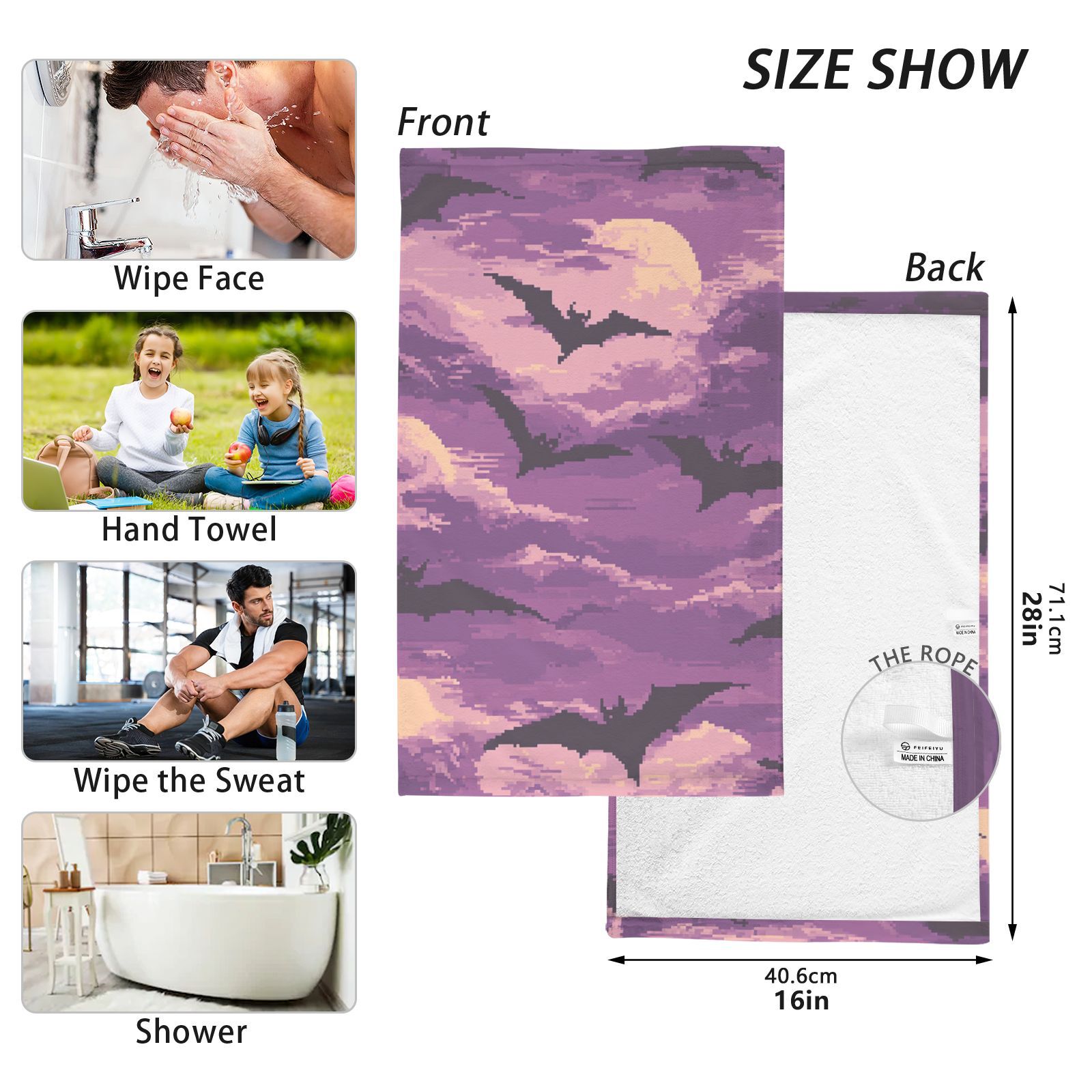 Pixel Bats Hand Towels Cotton Bath Towels Large Face Towels Absorbent for Bathroom 2 Packs