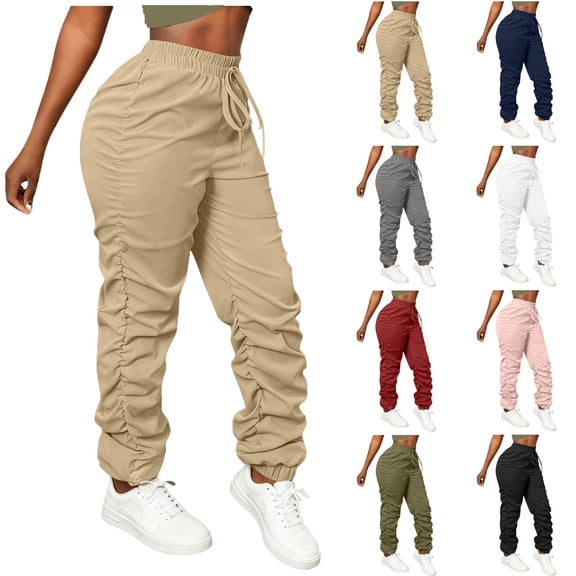 Pincandy Women's Casual Cargo Pants - Ruched Elastic Waist, Multi-Pockets, Loose Fit for Hiking & Outdoor Activities