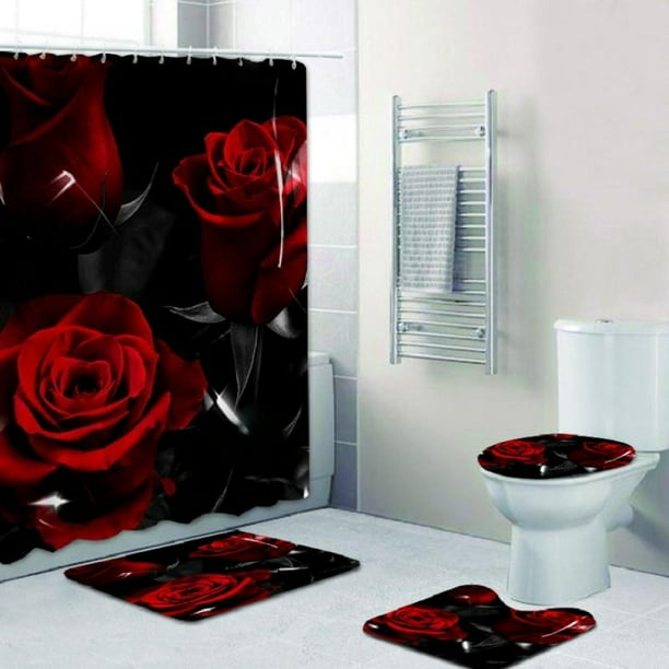 4 Pcs Rose Shower Curtain Set 71" x 71" Shower Curtain with 12 Hooks