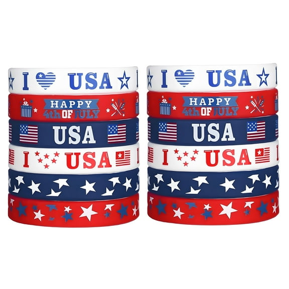 NIETEIN 4th of July USA Independence Day Rubber Bracelets Silicone Wristbands 12 PCS