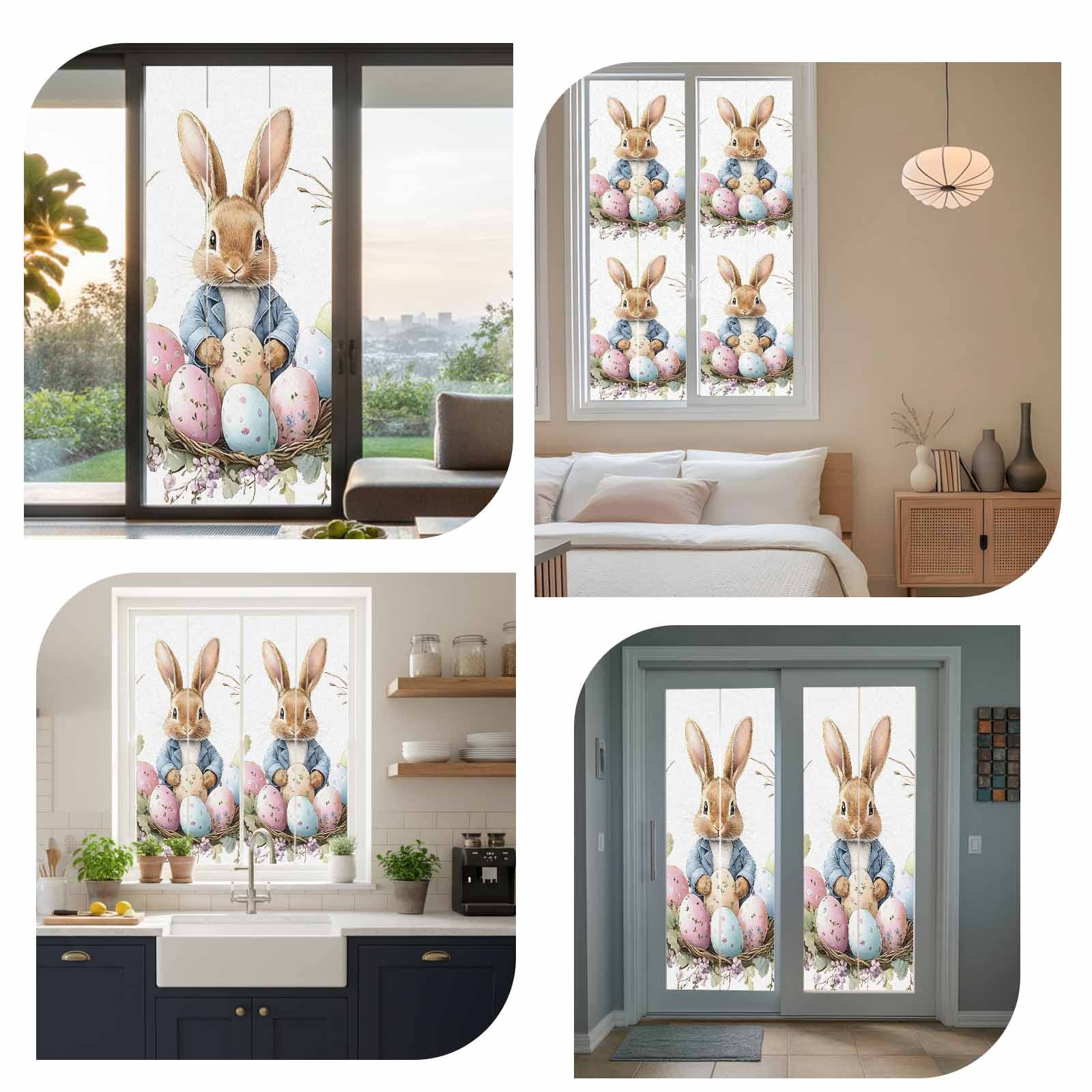 Easter Bunny Window Privacy Film, Funny Rabbit Pink Blue Green Eggs Spring Floral Leaf Frosted Glass Window Clings Static Cling UV Heat Blocking Reusable Door Sticker for Bedroom 23.6x59 Inch