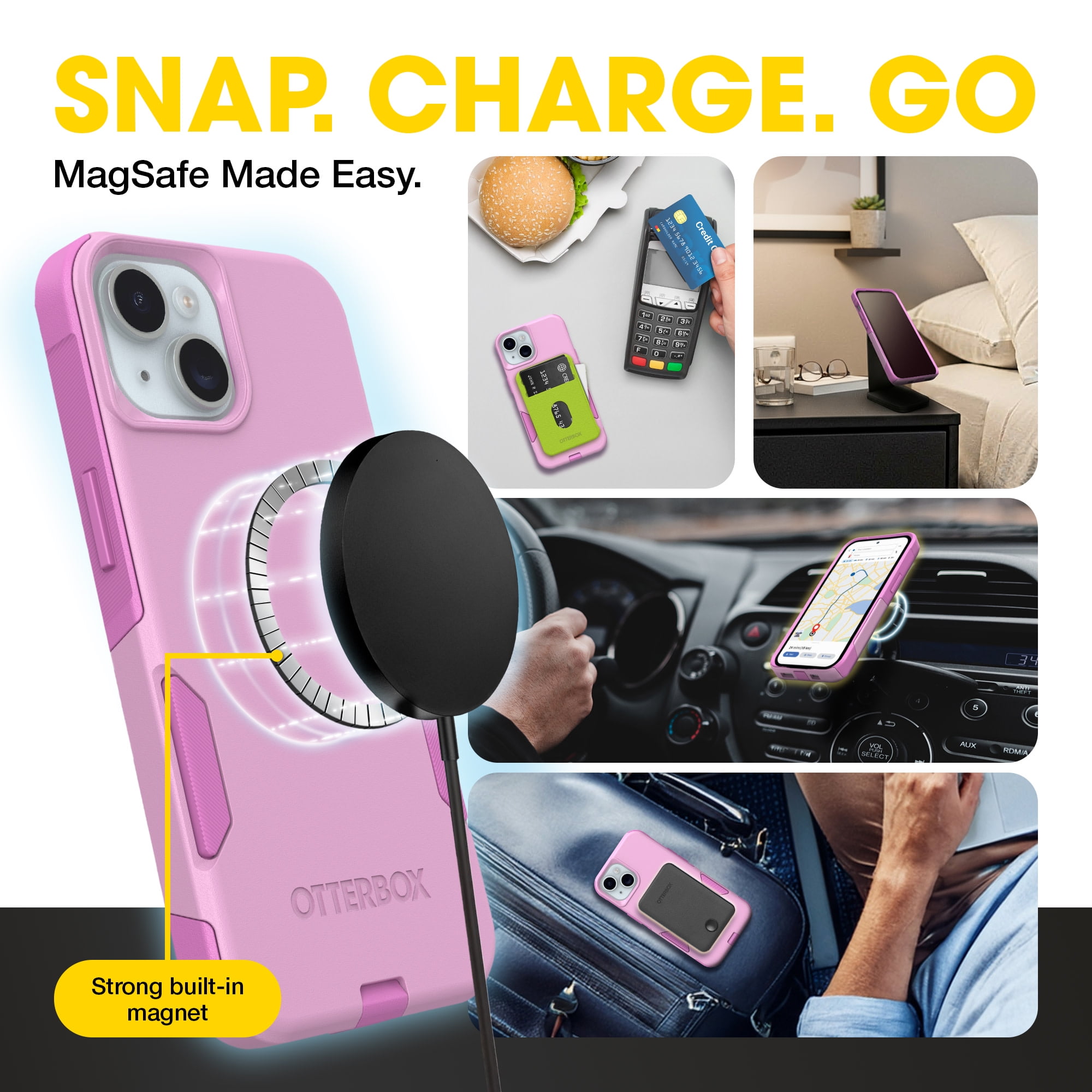 OtterBox iPhone 16e, iPhone 15, iPhone 14, and iPhone 13 Commuter Series Case - MagSafe Edition - Pink, Slim & Tough, Pocket-Friendly, with Port Protection - Run Wildflower